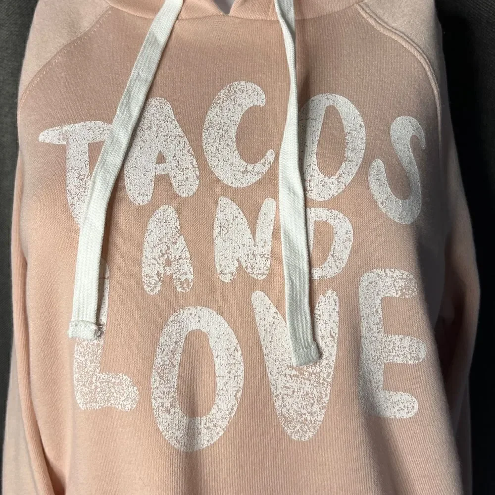 Grayson Threads Tacos and Love Pullover Hoodie Pink & White Size Small